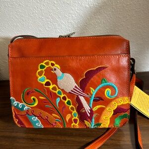 NWT Patricia Nash Embroidered bird of Paradise Orange Leather Purse AS IS